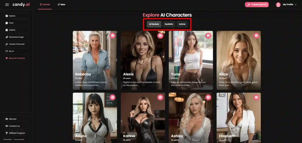 Candy AI Character style options