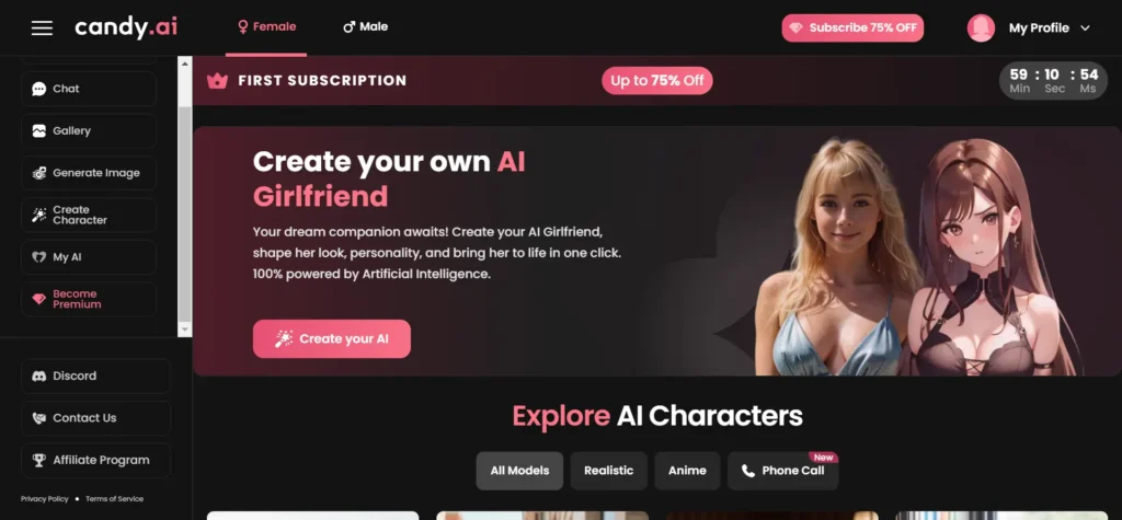 Candy AI Homepage After Login
