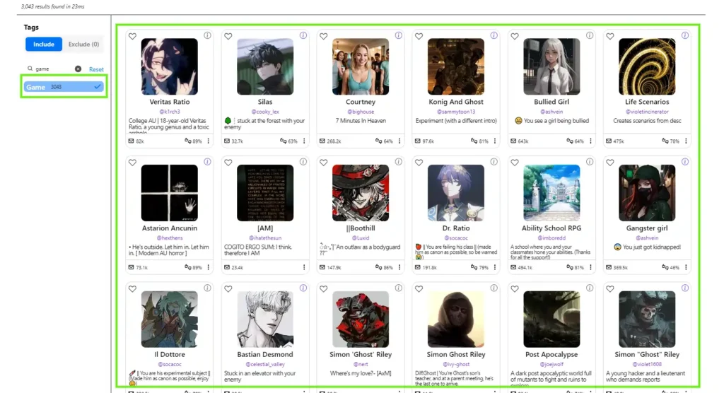 Game-themed chatbots in SpicyChat