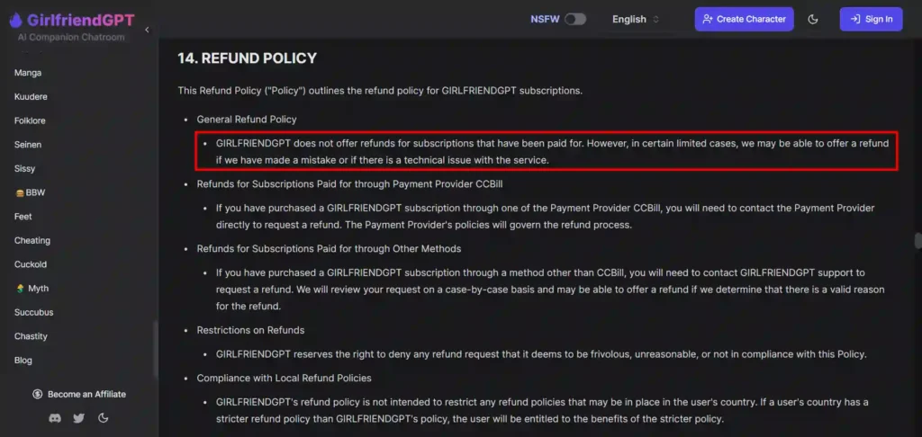 GirlfriendGPT Refund Policy