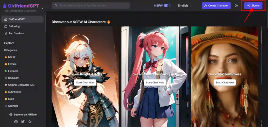 GirlfriendGPT Sign up