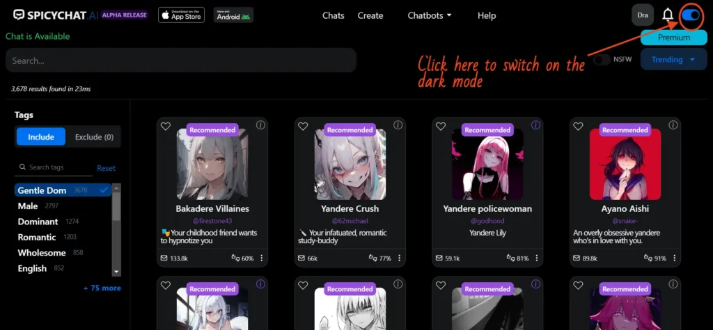 SpicyChat AI Light or Dark Mode feature