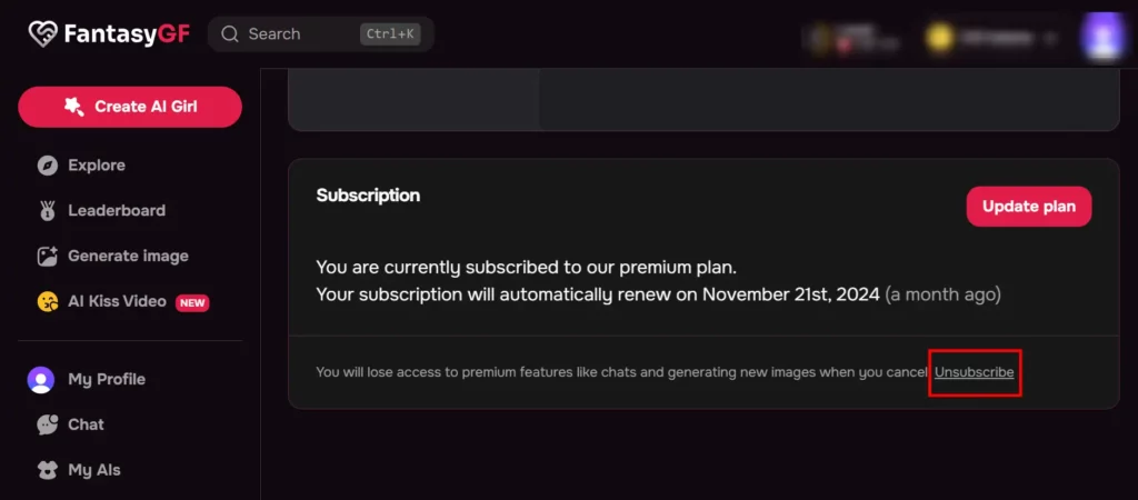 Unsubscribe FantasyGF AI