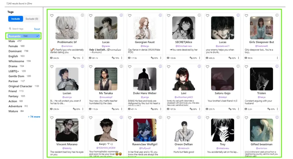 Various Romantic Characters in SpicyChat