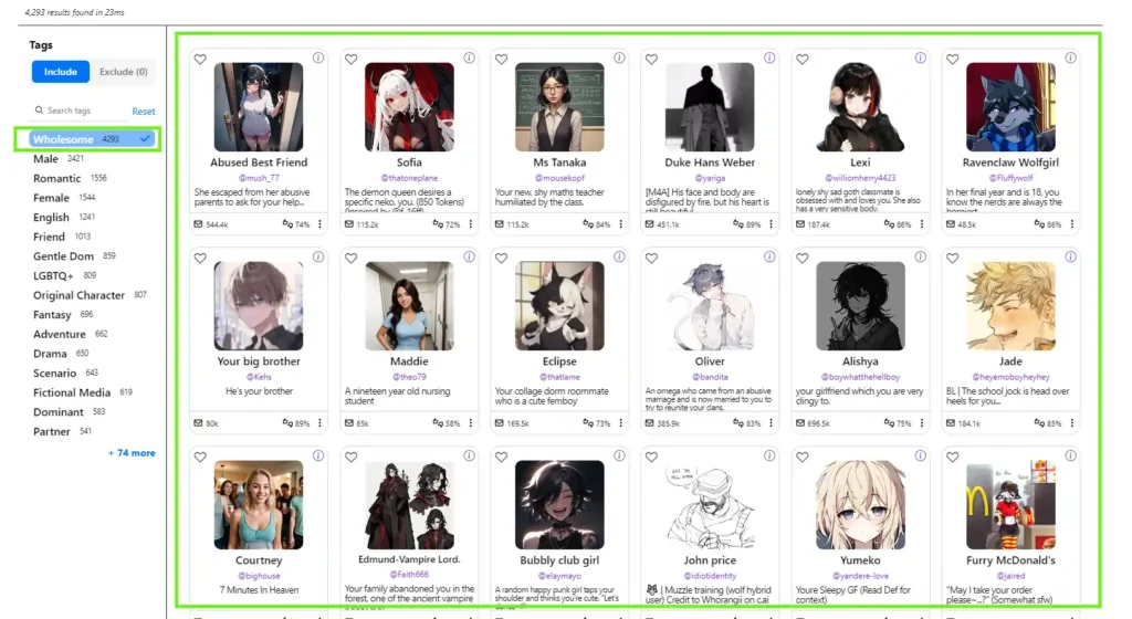 Various Wholesome Category of Characters in SpicyChat