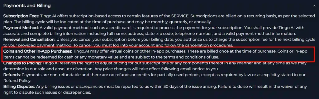 Tingo AI Additional Costs and In-App Purchases
