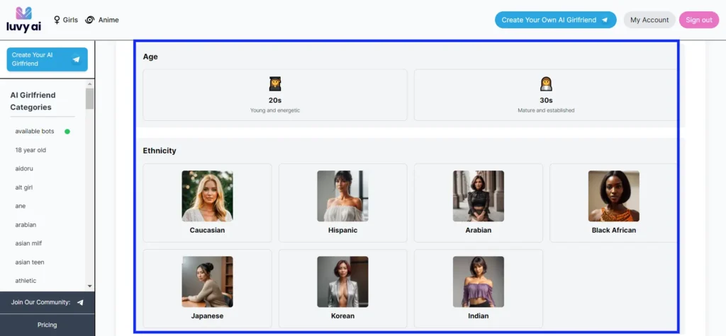 Choose appearance while creating your AI Girlfriend in Luvy.ai