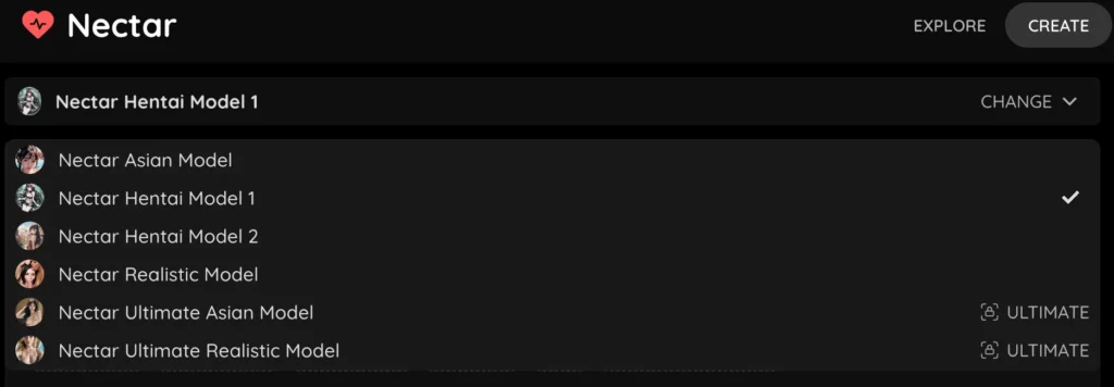 Nectar AI's image generator model selection