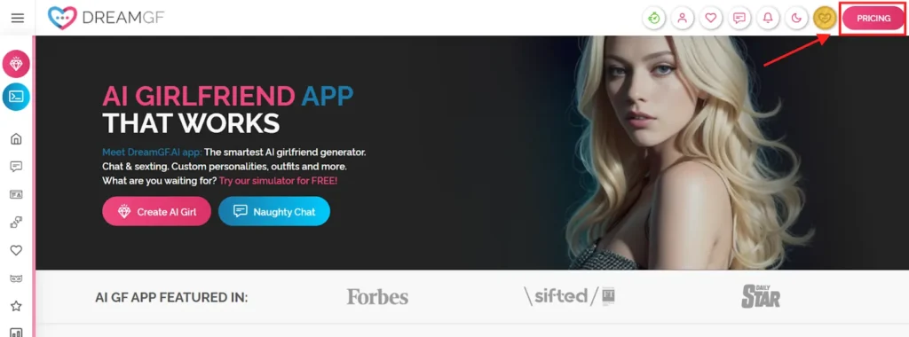 DreamGF Pricing Option on Dashboard