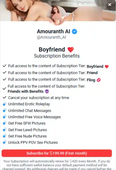 Amouranth AI Boyfriend Pricing