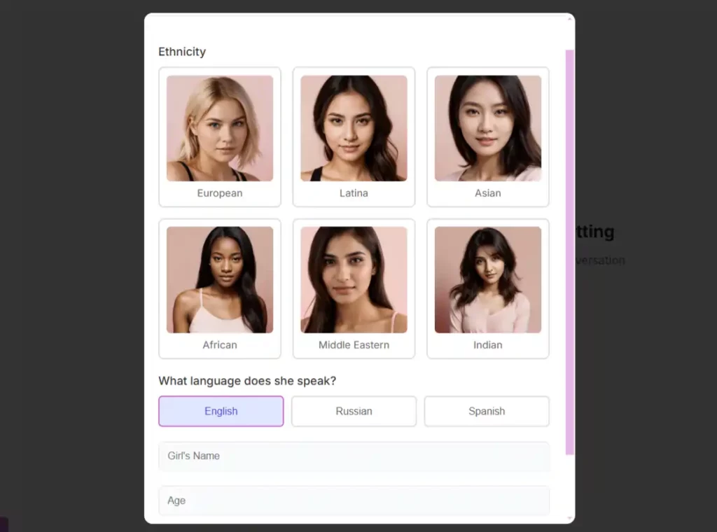 Lollipop AI - Selection of Ethnicity and Language of AI Girl